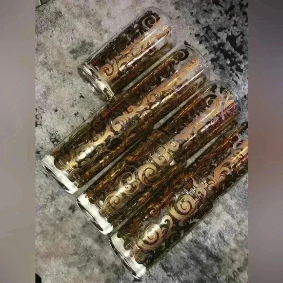 Vintage Glass Cup with Swirls in Gold Color Set of 7 - Picture 6 of 11